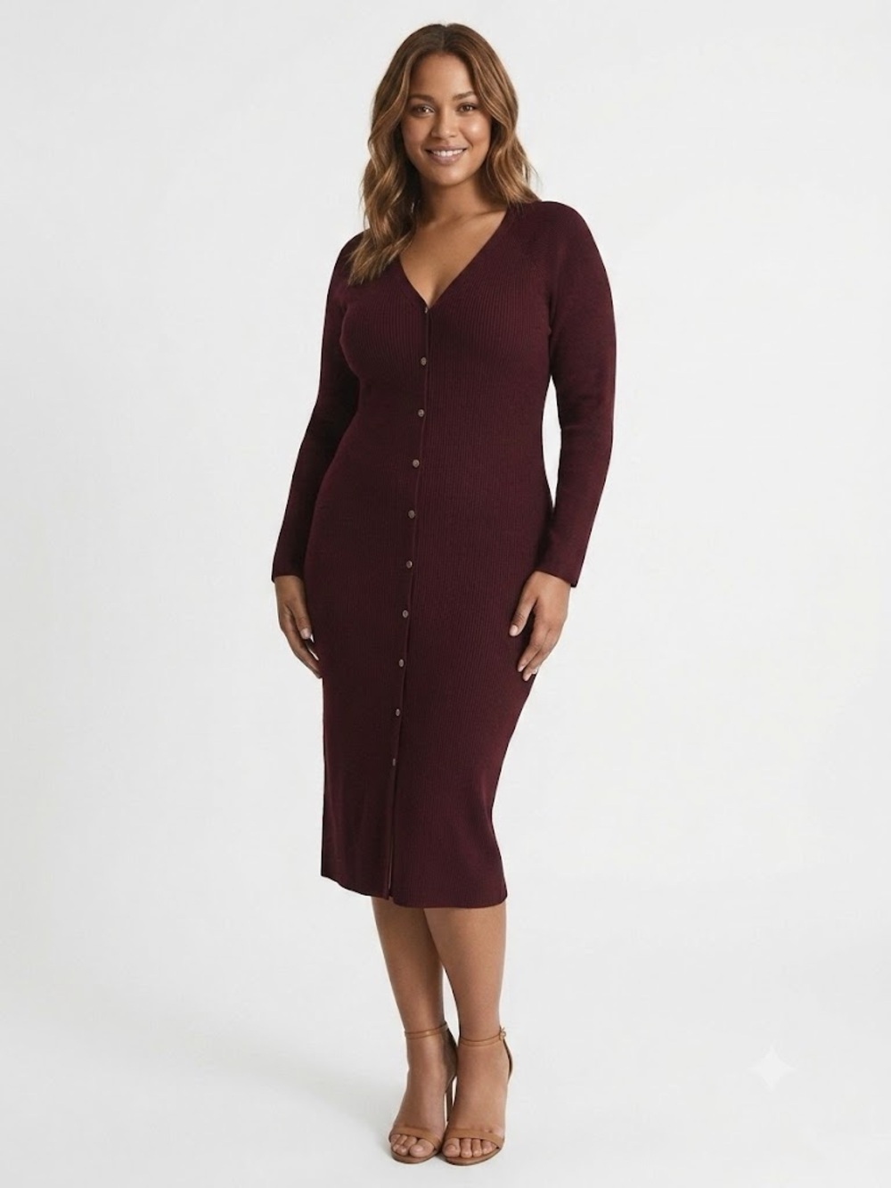 REISS Burgundy Camille Ribbed Knit Button-Front Midi Dress XL